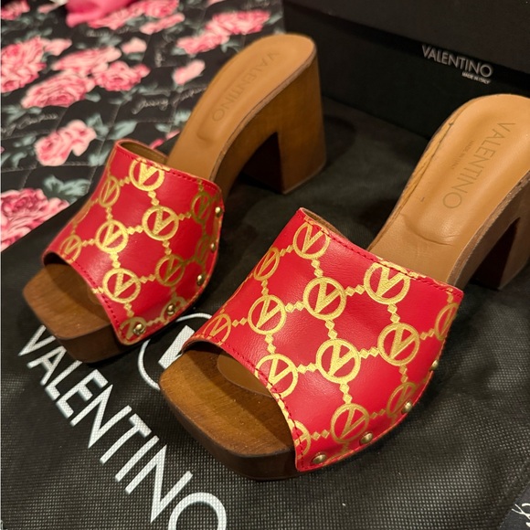 Valentino Shoes - Valentino Gold and Red Sandals with Chunky Heel